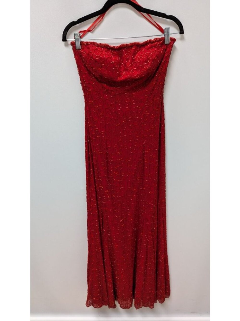 Cache Vintage Red Strapless Beaded Formal Gown
